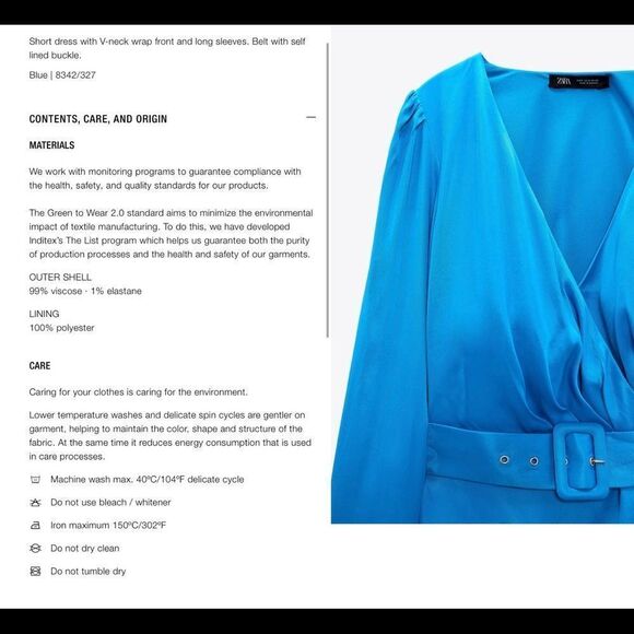 Zara blue v-neck wrap front long sleeve satin effect dress Sz M NWT - Picture 5 of 14